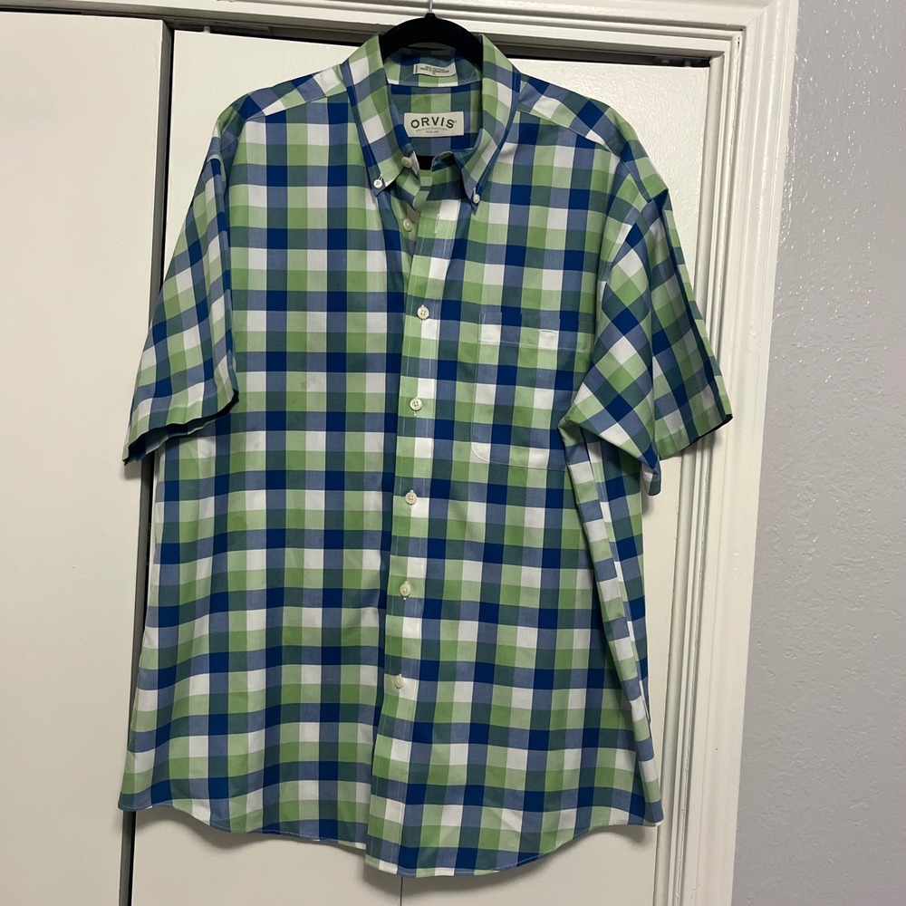 Orvis Mens XL Short Sleeve Button Down Shirt Green Blue Gingham Check Cotton